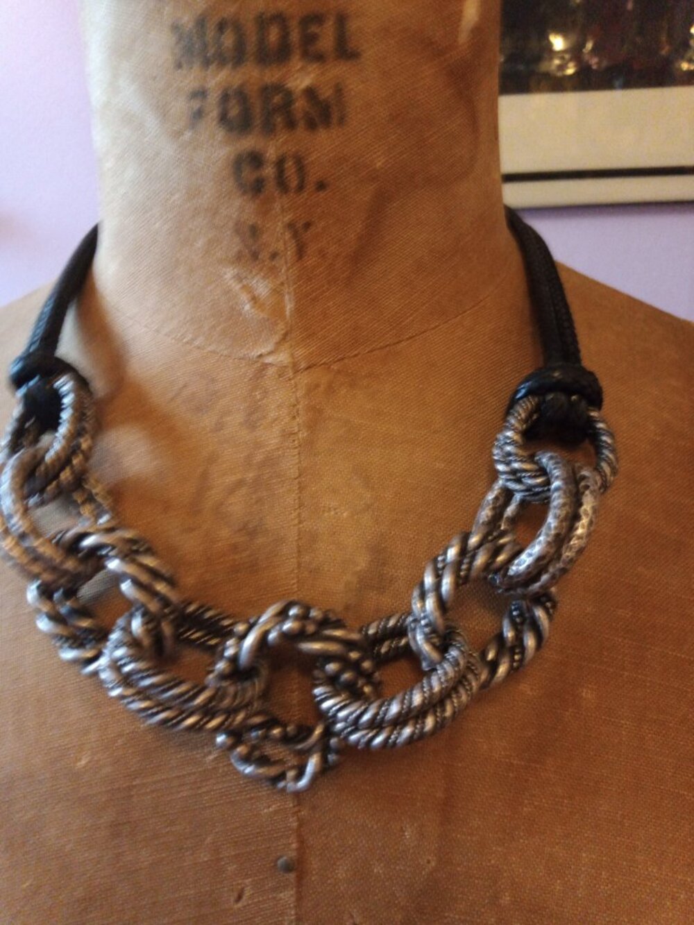 Chico's statement necklace black cord with silver interlocking rings adjustable